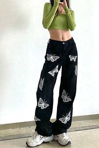 Casual Butterfly Printed Black Jeans Pants