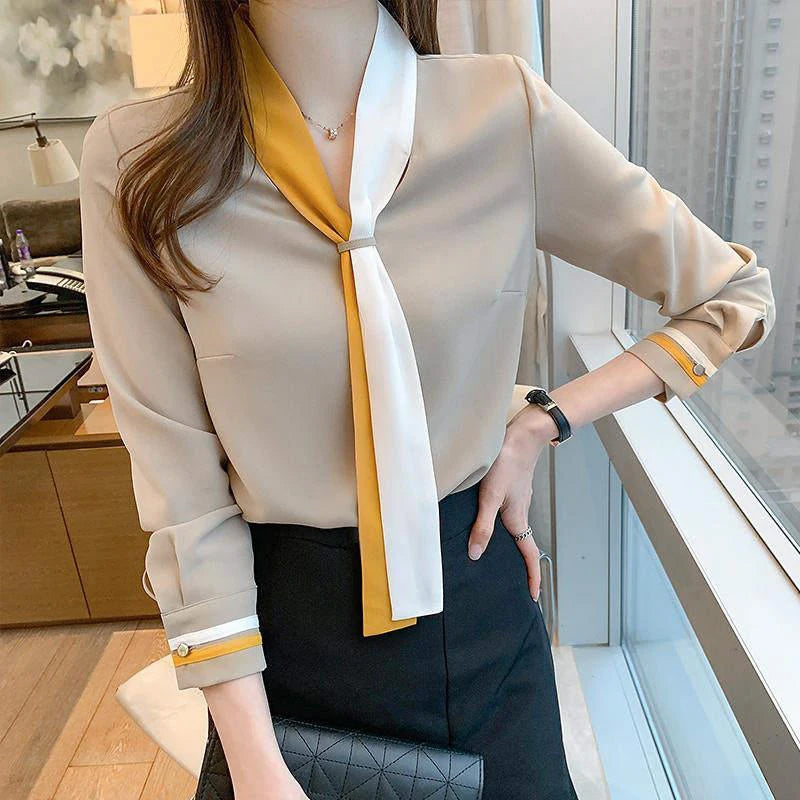 Long Sleeve Scarf Bow Chiffon Office Blouse Shirt