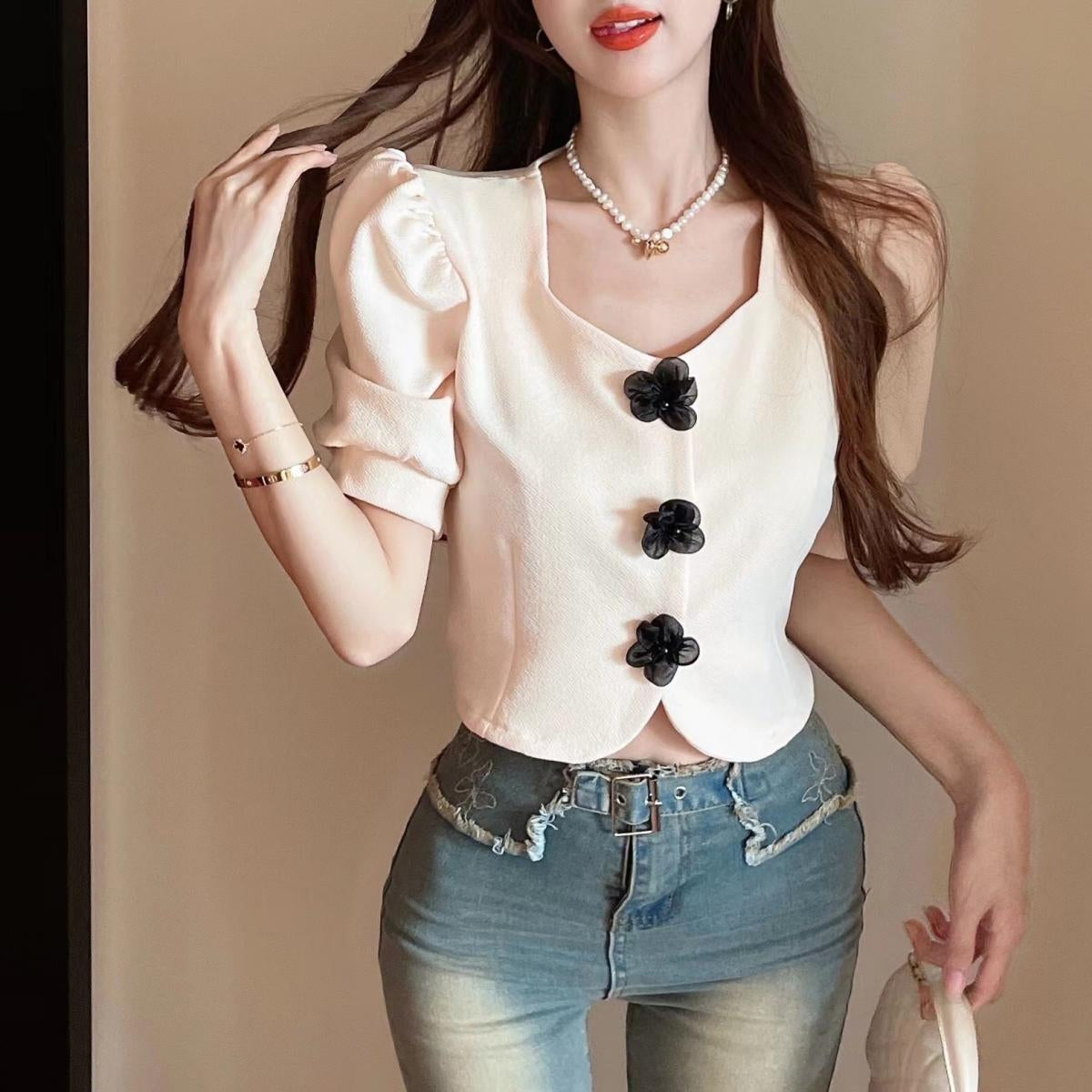 Puff Sleeve Flowers Button Office Blouse Shirt