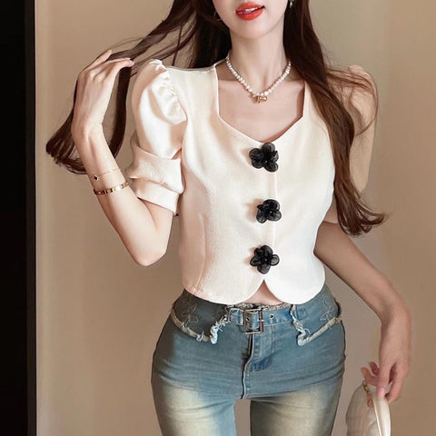 Puff Sleeve Flowers Button Office Blouse Shirt