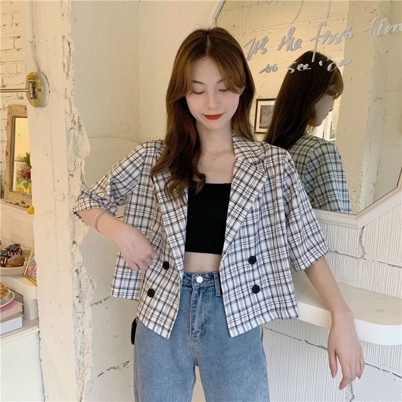 Loose Vintage Plaid Double Breasted Short Blazer