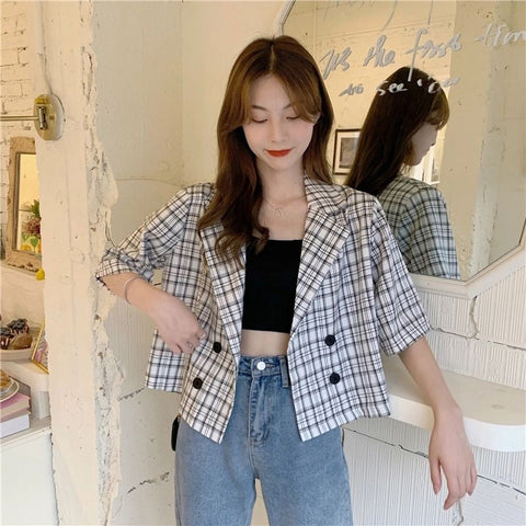 Loose Vintage Plaid Double Breasted Short Blazer
