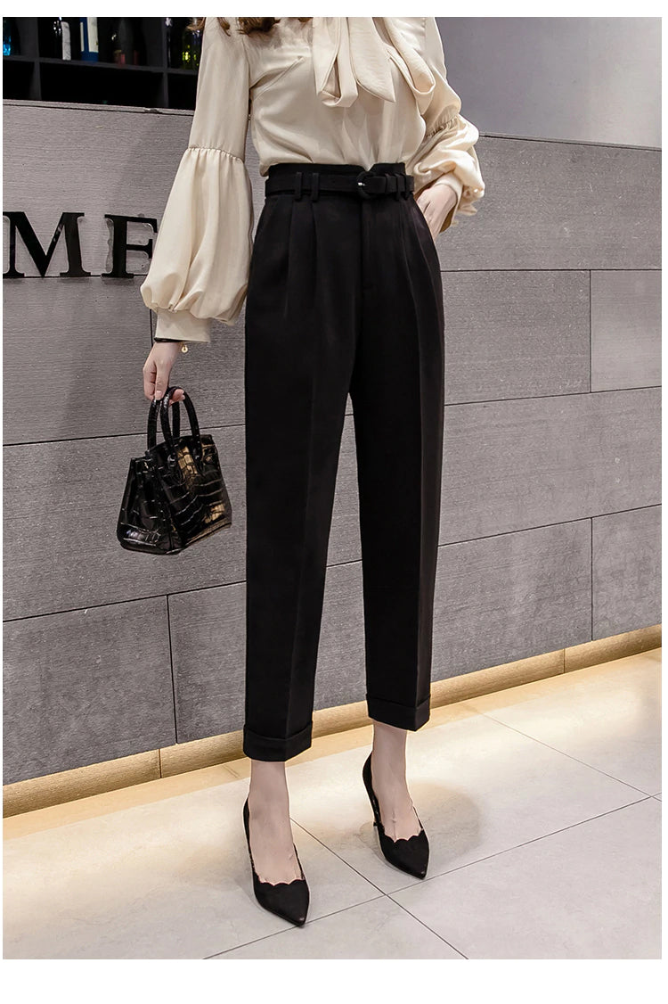 High Waist Ankle Length Elegant Office Pants with Belt