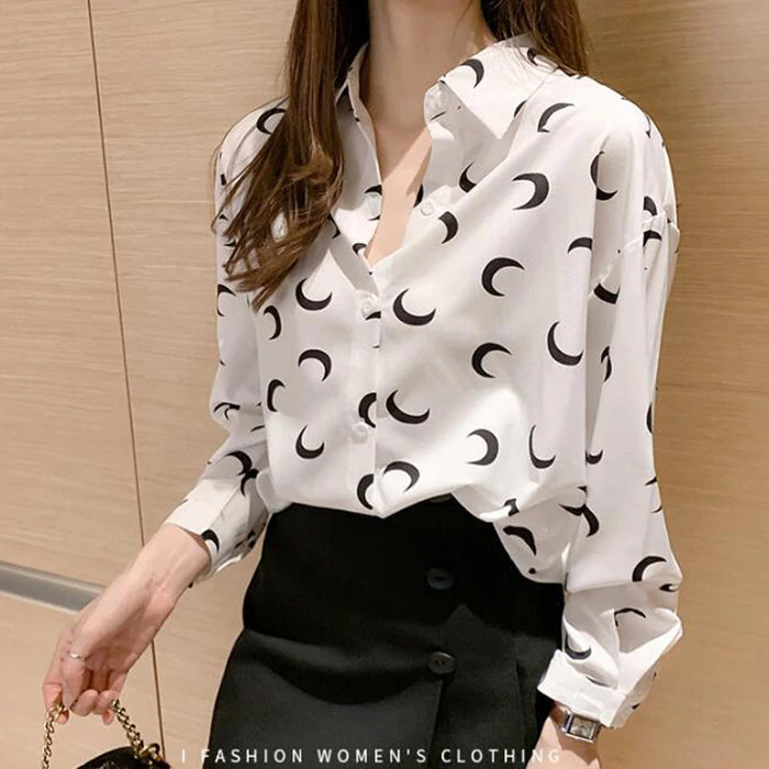 Moon Printed Turn Down Collar Long Sleeve Blouse Shirt