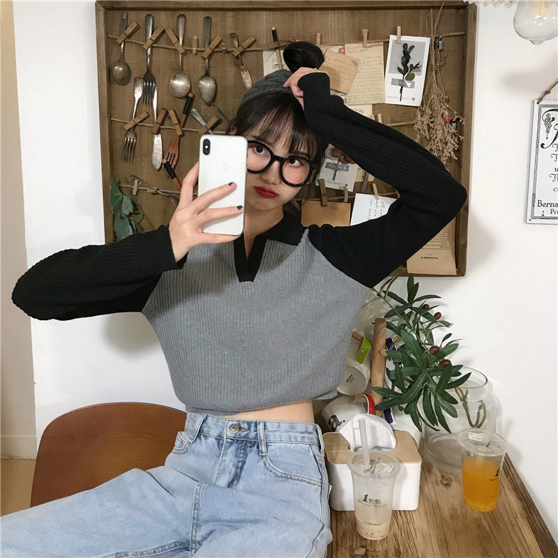 Long Sleeve Turn Down Collar Knitted Crop Slim Sweater