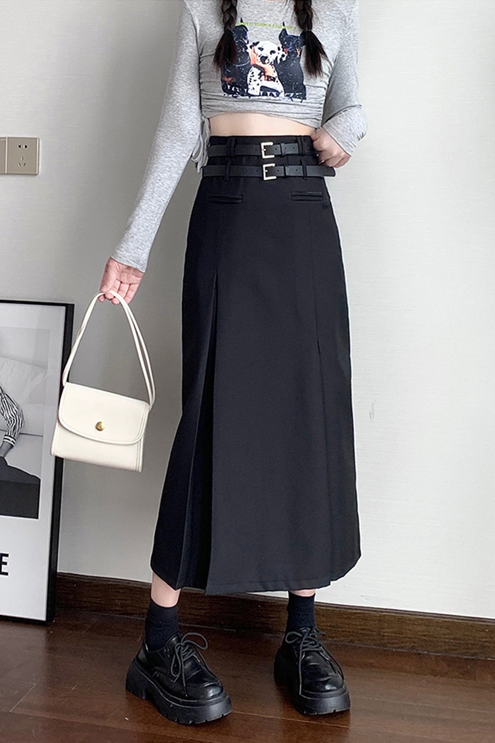 High Waist Double Belted Long Skirts