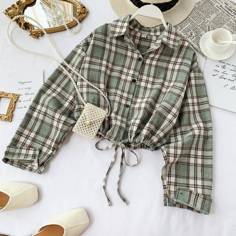 Loose Slim Plaid Style Cropped Blouse