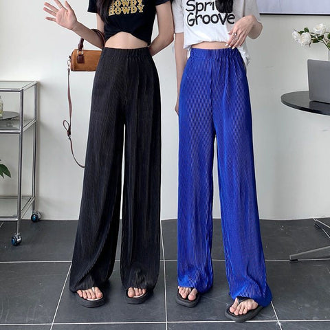 Solid Elastic Waist Pleated Loose Pants