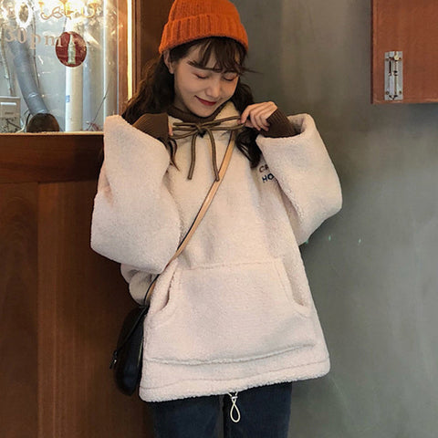 Letter Pocket Fleece Turtleneck Hooded Sweater