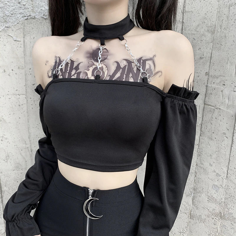 Chain Metal Off Shoulder Hanging Neck Shirt