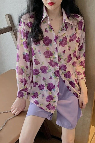 Flower Pattern Casual Chiffon Blouse Shirt