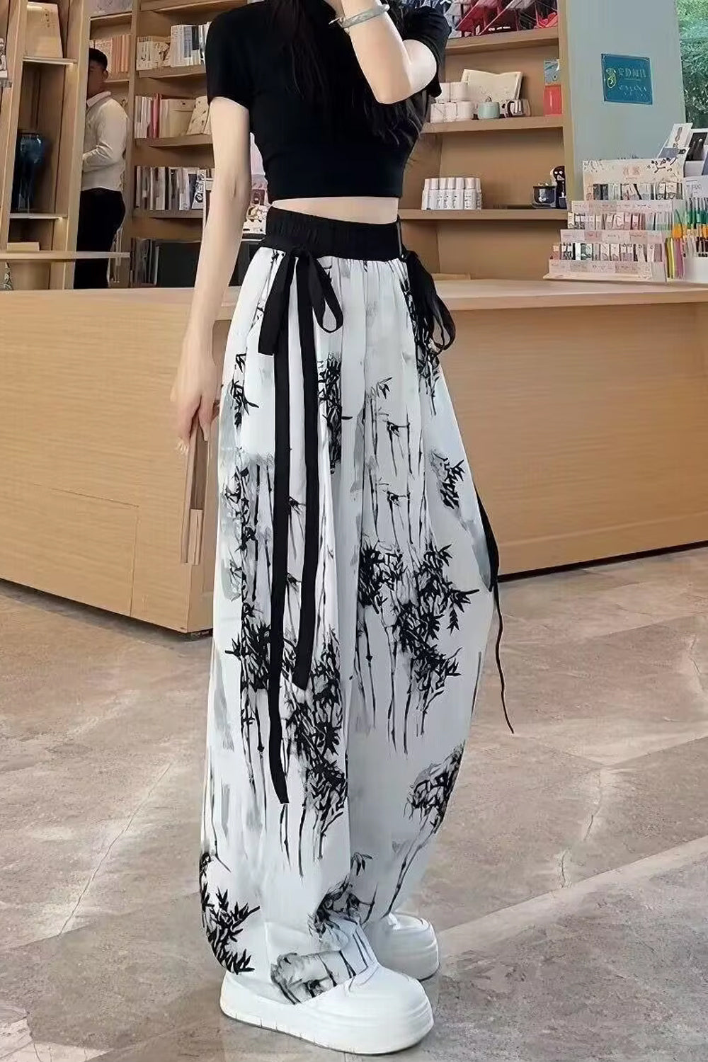 Long Black Flowers Mesh Chiffon Pants