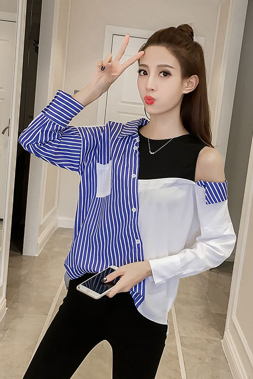 Long Sleeve Striped Cut Side Shoulder Blouse Shirt