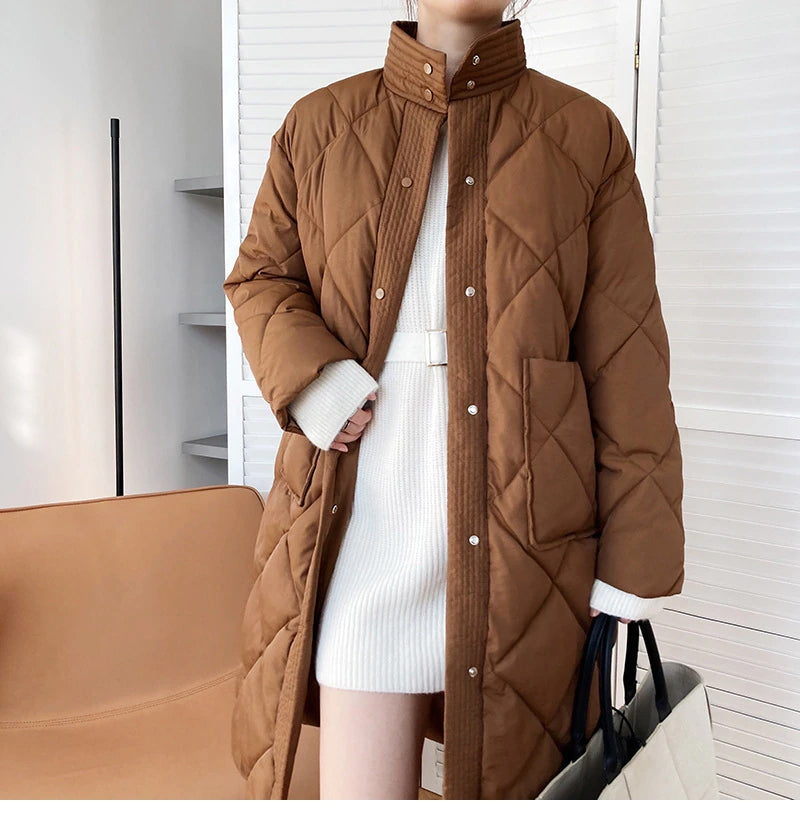 Casual Stand Collar Argyle Pattern Oversized Parka Jacket