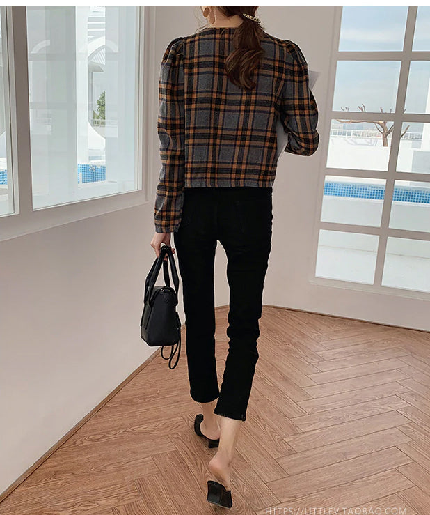 Sexy V-Ausschnitt Vintage Plaid Bluse Single Button Tops