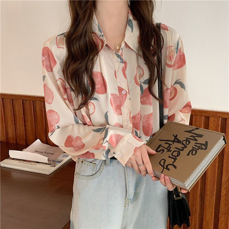 Long Sleeve Peach Full Printed Blouse Shirt