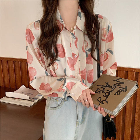 Long Sleeve Peach Full Printed Blouse Shirt