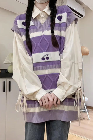 V-Neck Cute Love Pattern Purple Vest Sweater
