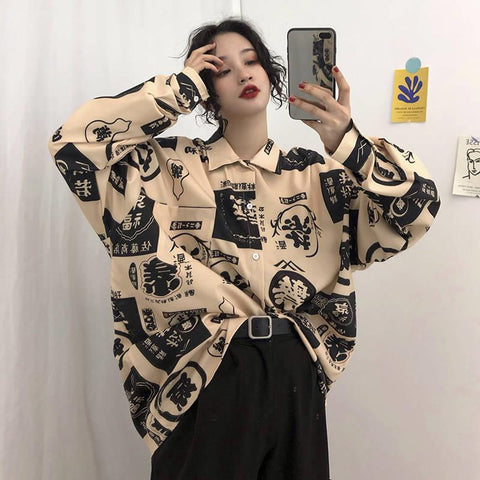 Chinese Art Pattern Printed Blouse Shirt