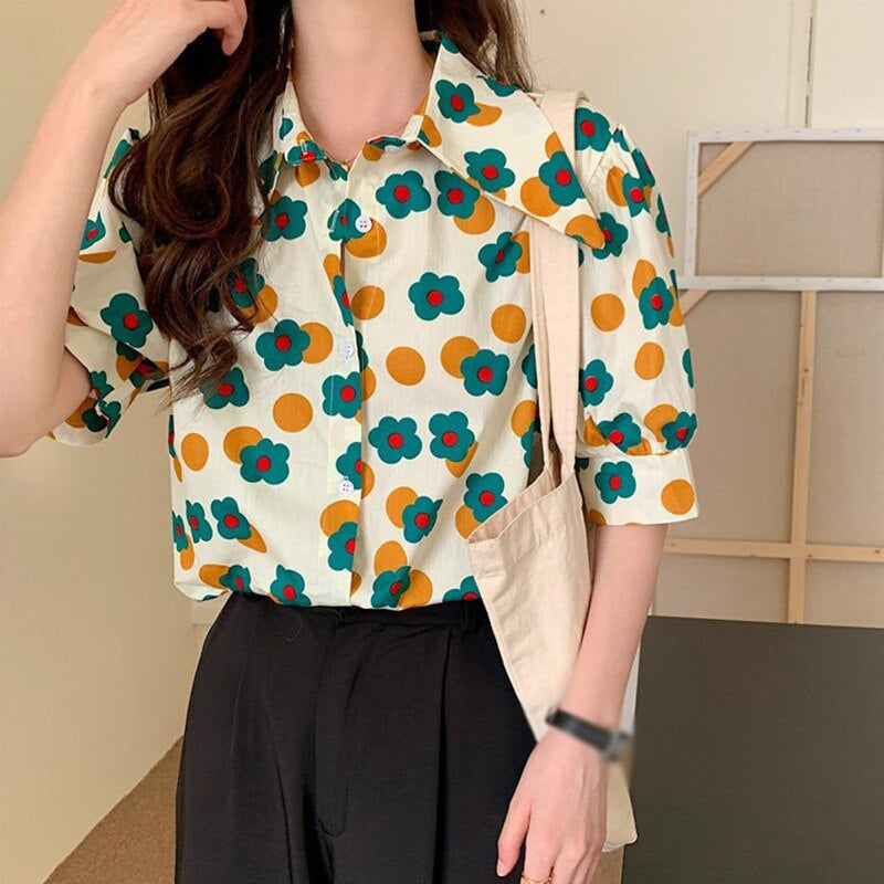 Cartoon Floral Printed Retro Blouse Shirt