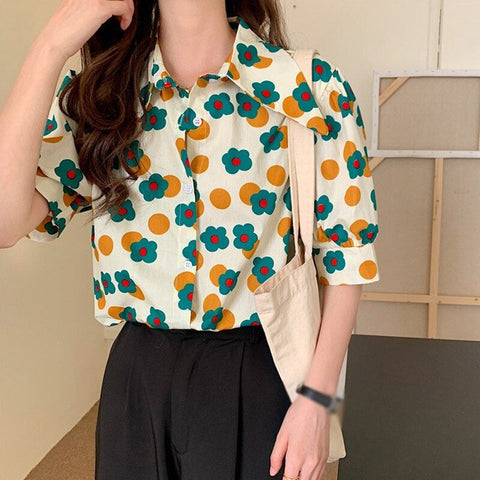 Cartoon Floral Printed Retro Blouse Shirt