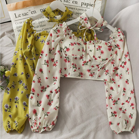 Sexy Long Sleeve Florals Elegant Crop Tops