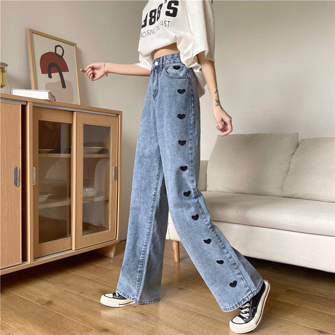 High Waist Heart Embroidered Long Jeans Pants