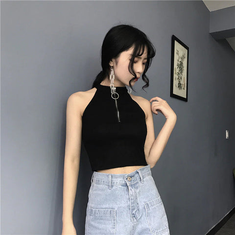 Sexy Zipper Neck Retro Crop Tops