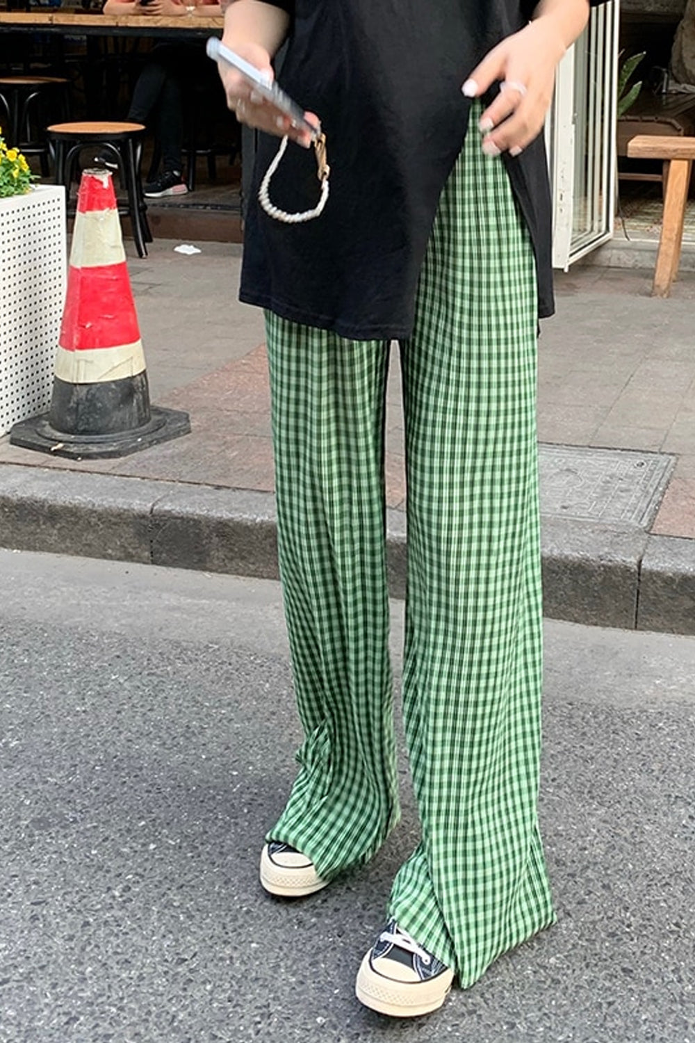 High Waist Green Plaid Loose Pants