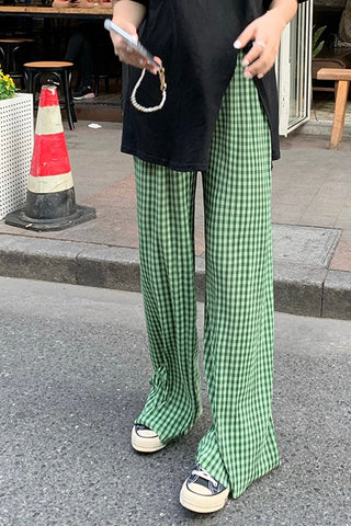 High Waist Green Plaid Loose Pants
