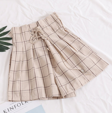 Elastic Waist With Tie Plaid Shorts