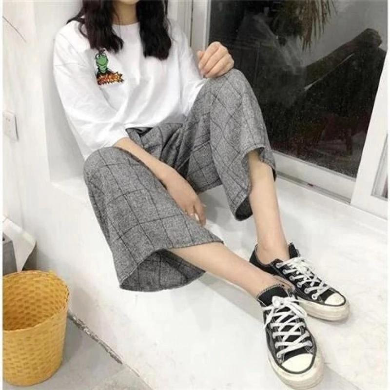 High Waist Ankle Length Wide Leg Plaid Pants