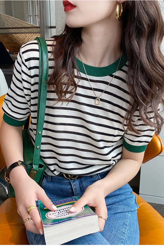 Casual O-Neck Striped Soft Knitted Ringer Shirt