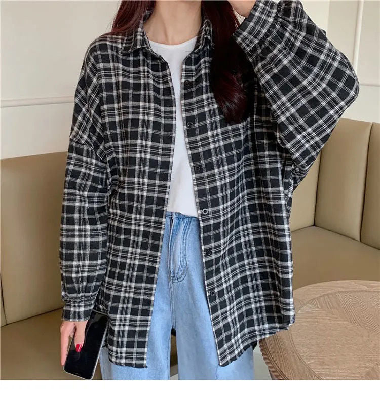 Long Sleeve Cute Plaid Loose Shirt