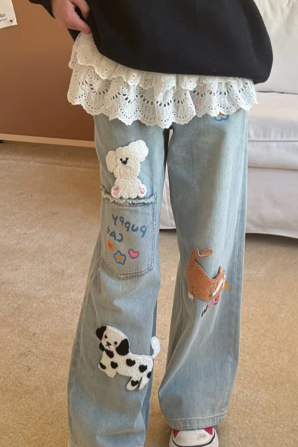 Cute 3D Cat and Dog Embroidered Casual Jeans Pants