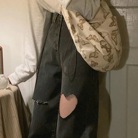 High Waist Heart Shape Loose Long Jeans Pants