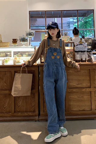 Bear Cartoon Embroidery Retro Denim Jumpsuits