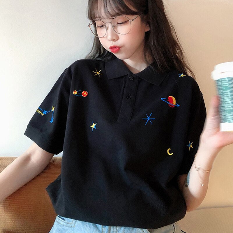 Planet Embroidered Polo Loose Shirt