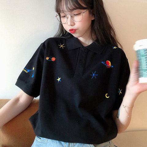 Planet Embroidered Polo Loose Shirt