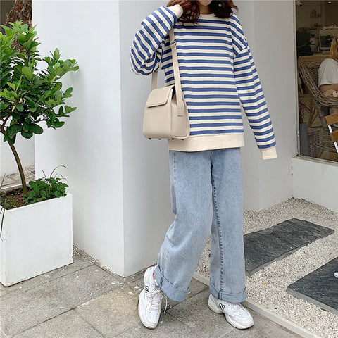 Long Sleeve O-Neck Simple Striped Sweatshirt
