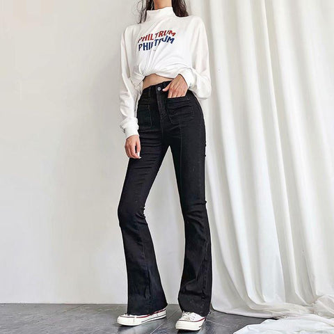 Stretch-Jeans mit hoher Taille und weitem Bein