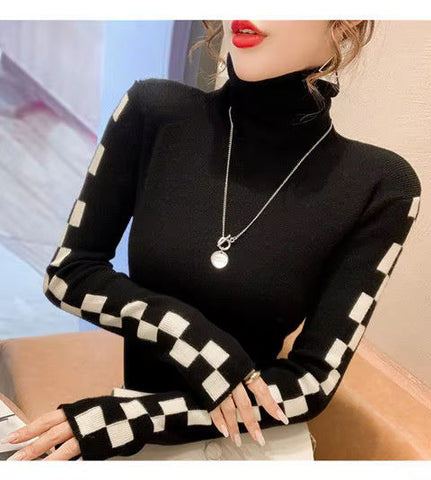 Long Sleeve Side Checkered Knitted Turtleneck Sweater