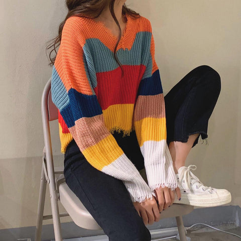 V-Neck Colors Striped Tassel Loose Sweater