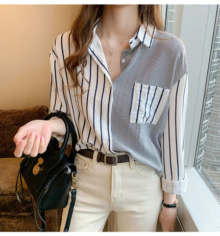 Casual Striped Combination Long Sleeve Blouse Shirt