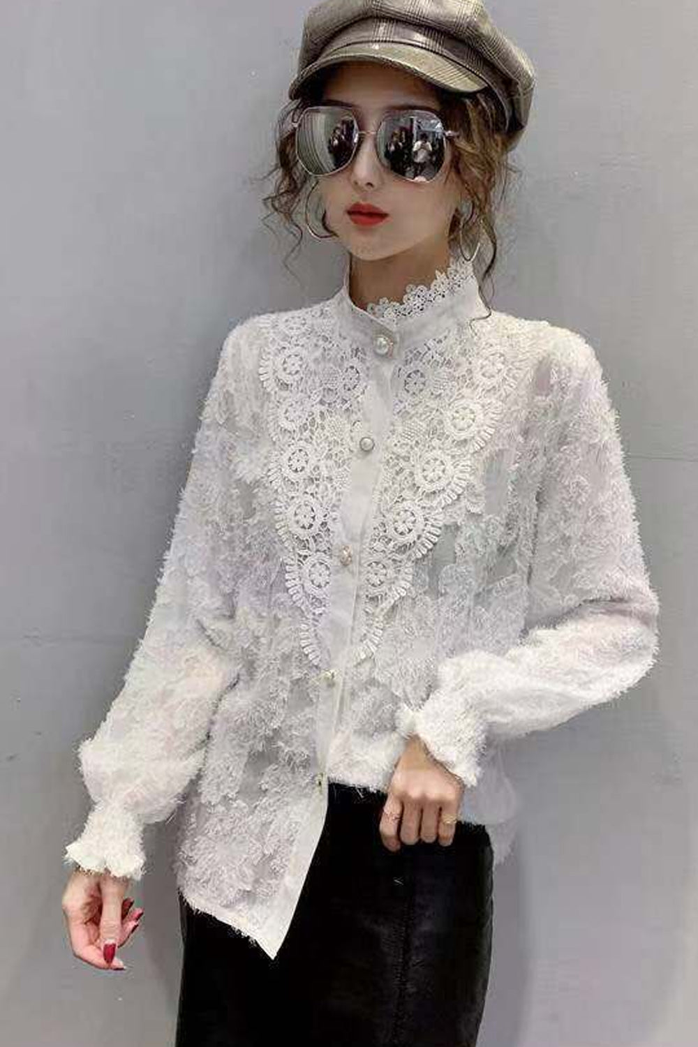 Long Sleeve High Collar Lace Blouse Shirt