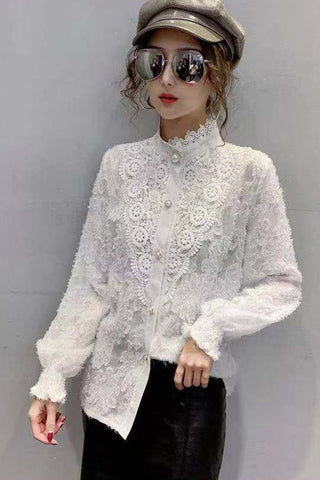 Long Sleeve High Collar Lace Blouse Shirt