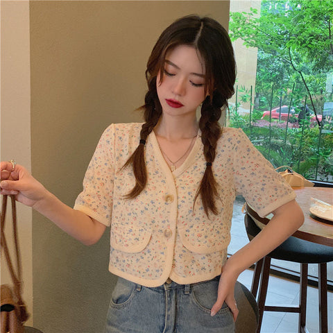 V-Neck Single Breasted Cropped Blouse Shirt