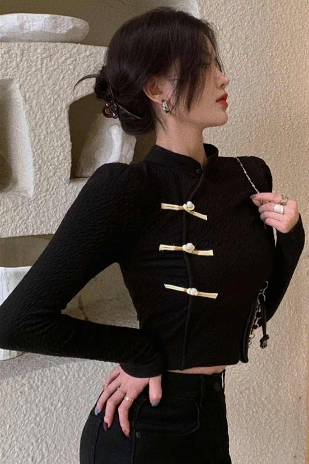 Long Sleeve Chinese Collar Slim Shirt