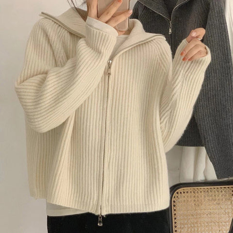 Solid Knitted Hooded Cardigan Sweater