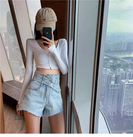 Double Belted Sexy Irregular Denim Shorts Jeans